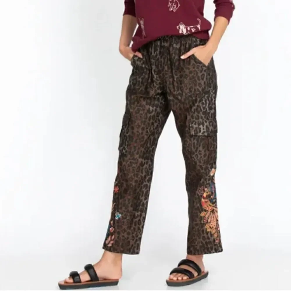 Johnny Was Workshop Shuri Leopard Embroidered Floral Cargo Pant Large